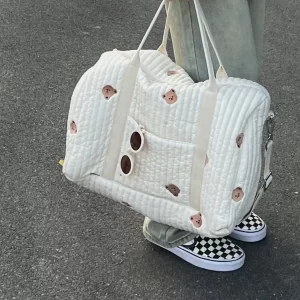 1pc INS Style Mommy Bag, Large Capacity Bear Printed Diaper Bag, Shoulder & Crossbody Bag, Fashionable Fully Embroidered Mom Bag